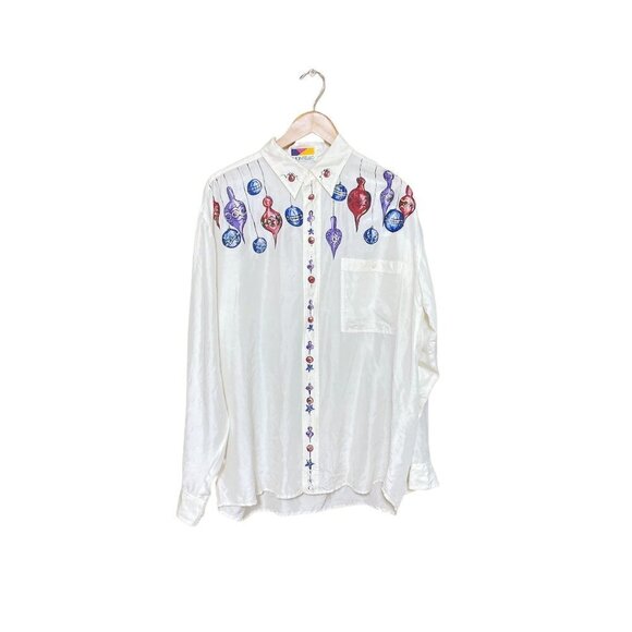 Montello Womens Vintage Shirt Size XL White Silk Oversized Ornament Blouse - Picture 10 of 10